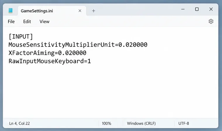 Notepad showing the INPUT section with RawInputMouseKeyboard set to 1