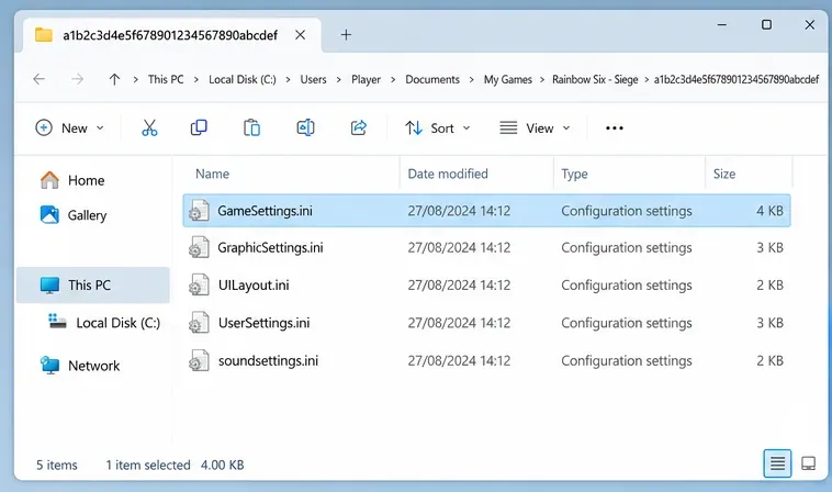 File Explorer open to the Rainbow Six Siege profile folder with GameSettings.ini selected