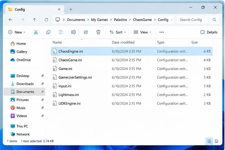 Explorador de archivos de Windows con ChaosEngine.ini seleccionado en la carpeta de configuración de Paladins.