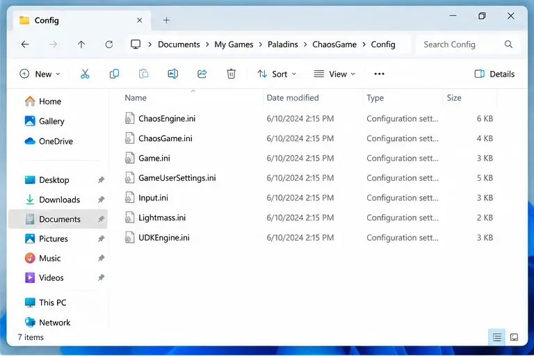 Explorador de archivos de Windows abierto en Documentos, Mis juegos, Paladins, ChaosGame, Config con ChaosEngine.ini visible