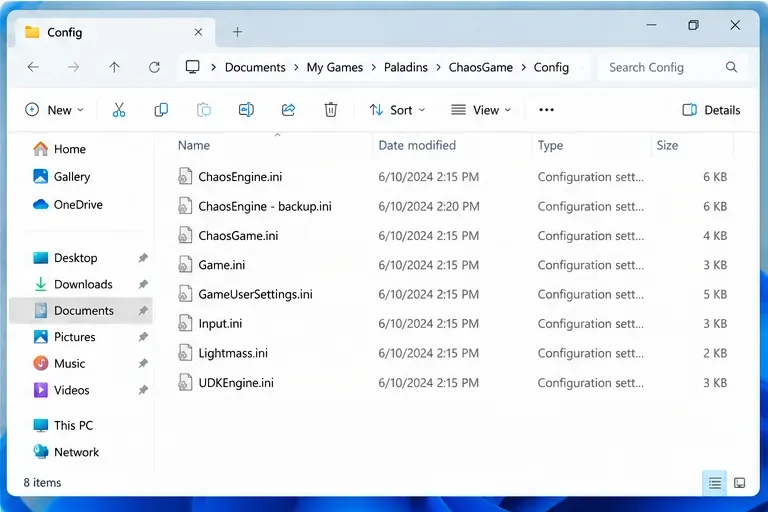 Explorador de archivos de Windows que muestra ChaosEngine.ini y una copia de seguridad independiente de ChaosEngine.
