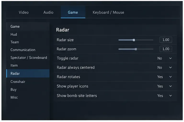 CS2 Settings with Game selected and the Radar category highlighted