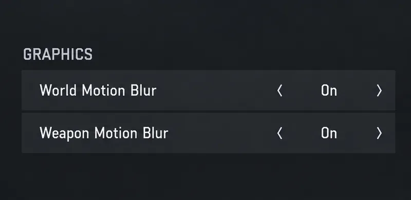 Graphics controls showing World Motion Blur and Weapon Motion Blur both set to On in an example starting state.