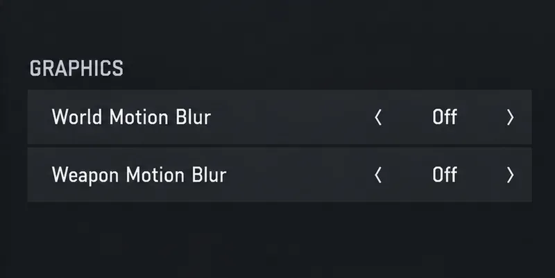 Graphics controls showing World Motion Blur and Weapon Motion Blur both set to Off.
