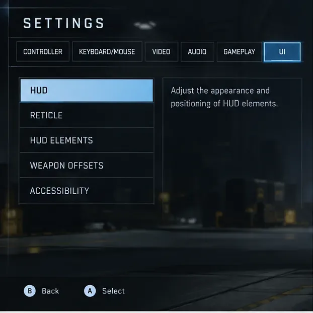 Écran des paramètres de style Halo Infinite avec l'onglet Interface utilisateur sélectionné et les décalages d'armes listés parmi les options d'interface.