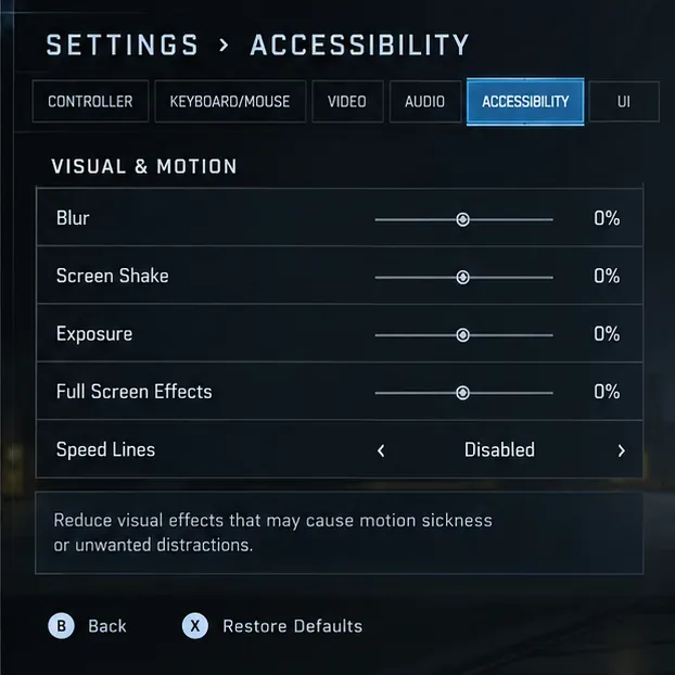 Écran d'accessibilité de type Halo Infinite affichant les commandes de flou, de tremblement d'écran, d'exposition, d'effets plein écran et de lignes de vitesse