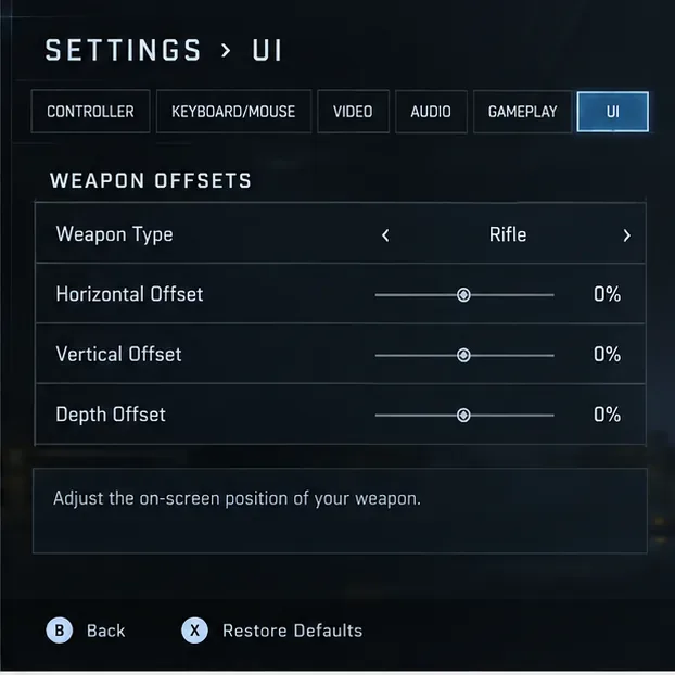 Panneau de décalage d'armes de style Halo Infinite montrant un fusil avec des décalages horizontaux, verticaux et de profondeur à zéro pour cent