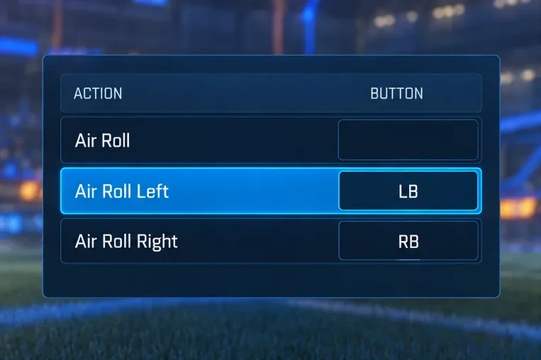 Binding menu with Air Roll Left selected and LB assigned while Air Roll Right is assigned to RB.