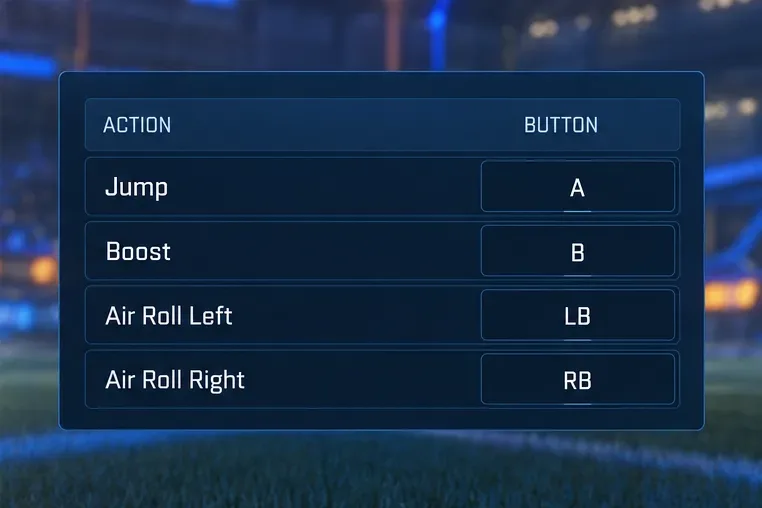 Example binding list showing Jump on A, Boost on B, Air Roll Left on LB, and Air Roll Right on RB.