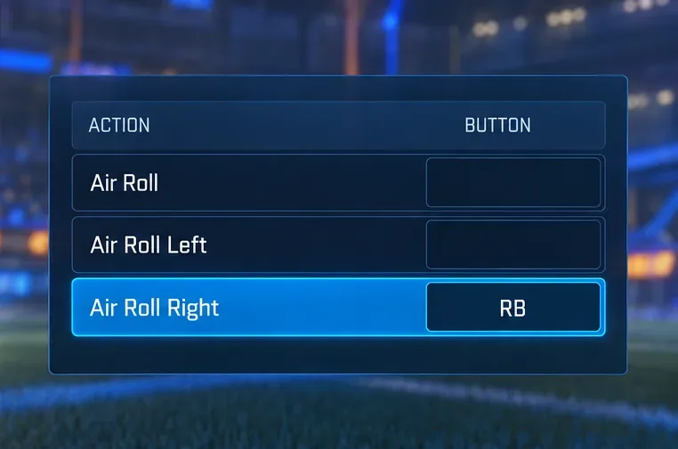 Binding menu with Air Roll Right selected and RB assigned, beside separate Air Roll and Air Roll Left rows.