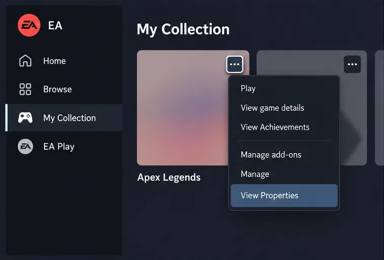 EAアプリの「マイコレクション」画面で、Apex Legendsの3点メニューが開いており、「プロパティを表示」がハイライト表示されている状態。