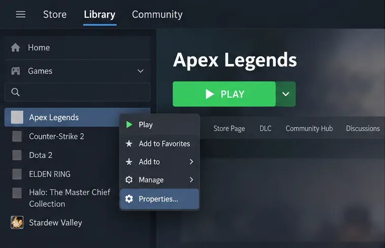 SteamライブラリでApex Legendsを選択し、「プロパティ」オプションをハイライト表示した状態。