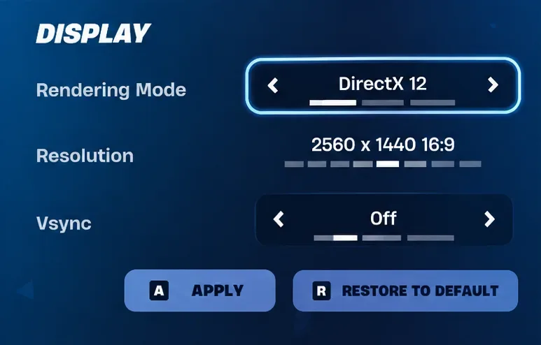 顯示設置,渲染模式為 DirectX 12,解析度為 1,垂直同步關閉,然後點選「套用」。