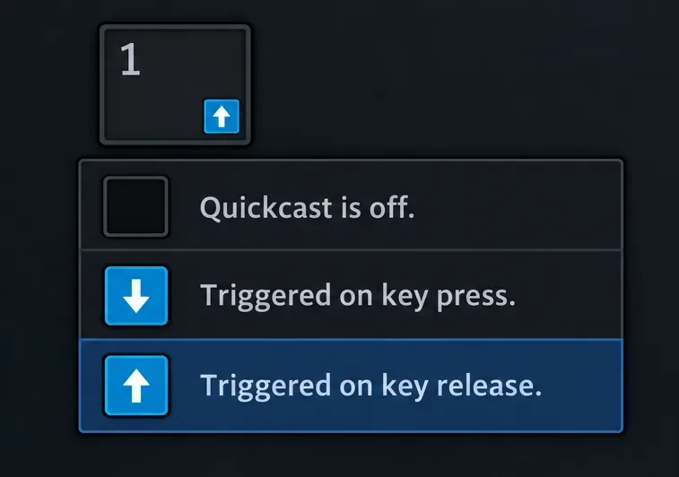 Exemple de raccourci clavier 1 avec un menu Quickcast mettant en évidence « Déclenché au relâchement de la touche ».