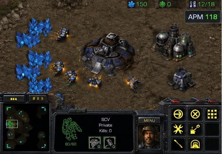 Interface de match de type StarCraft avec affichage APM 118 visible dans la zone supérieure droite
