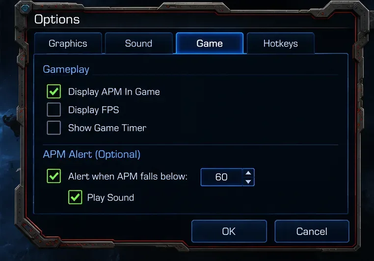 Panneau d'options de jeu de style StarCraft Remastered affichant un seuil d'alerte APM faible optionnel et un paramètre de lecture du son