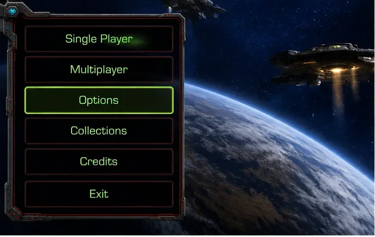 Menu principal de style StarCraft Remastered avec le bouton Options mis en évidence