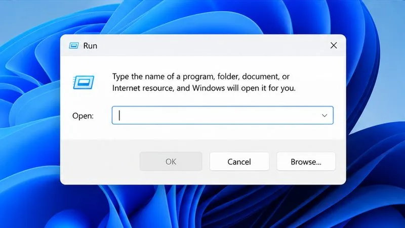 Windows 실행 대화 상자가 열리고 '열기' 필드가 비어 있으며 텍스트 커서가 나타납니다.