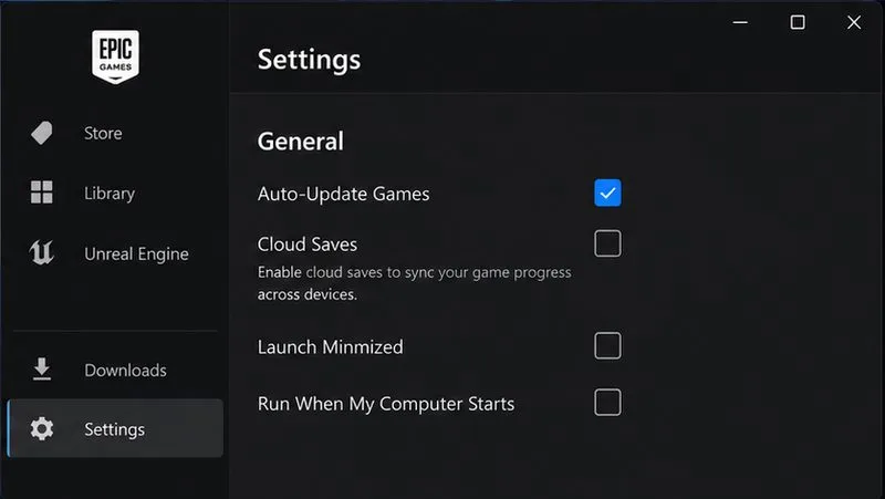 Epic Games Launcher 설정에서 클라우드 저장 체크박스가 꺼져 있는 것을 확인할 수 있습니다.