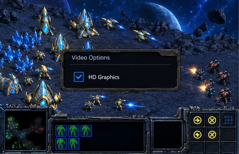 Dans un jeu de stratégie, le panneau des options vidéo affiche la case « Graphismes HD » cochée ; utilisez l’option vidéo du jeu ou F5 pour changer de mode graphique.