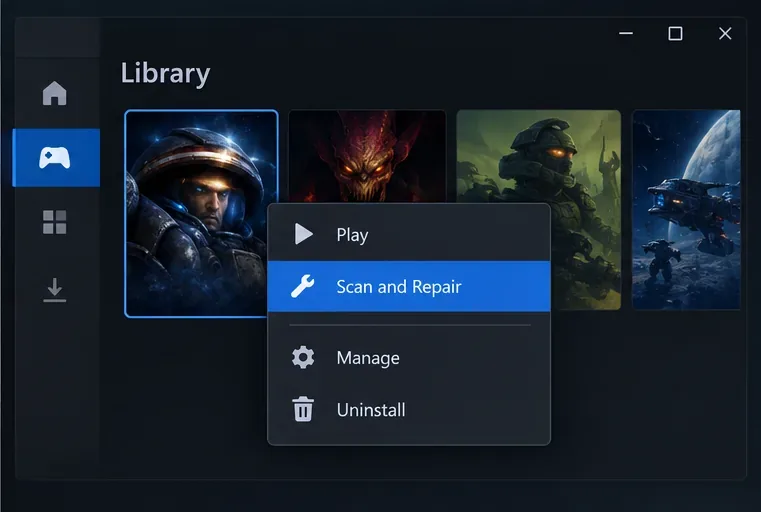 Le menu générique de la bibliothèque de jeux du lanceur met en évidence les options « Analyser » et « Réparer » ; exécutez la vérification des fichiers du lanceur si StarCraft reste noir après des vérifications plus simples.