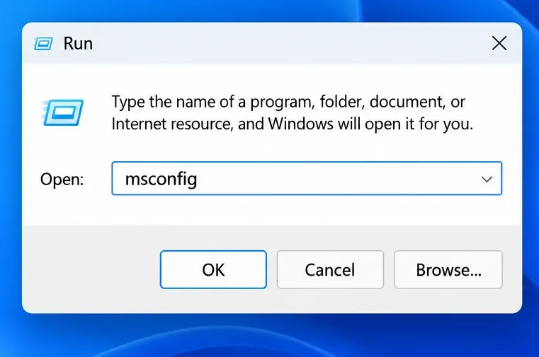 Cuadro de diálogo Ejecutar de Windows con msconfig introducido en el campo Abrir.