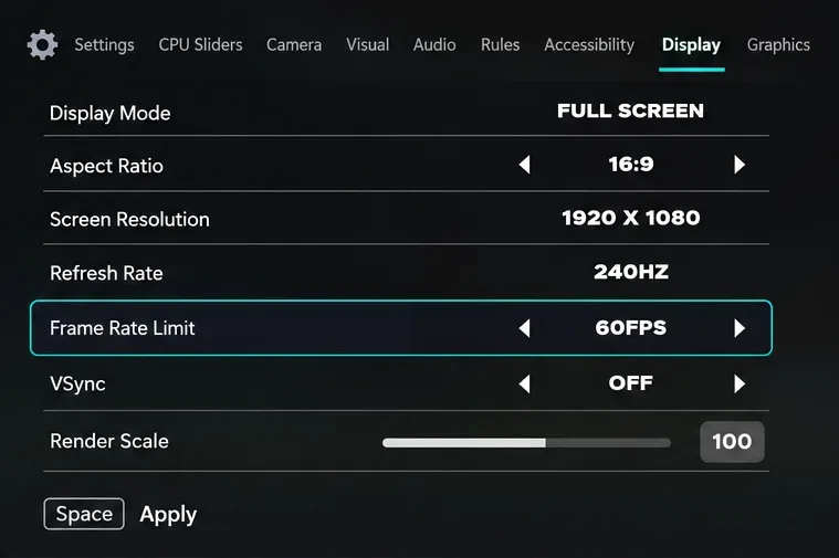 Configuración de visualización FC 26 con límite de velocidad de fotogramas de 60 FPS, VSync desactivado y escala de renderizado de 100.