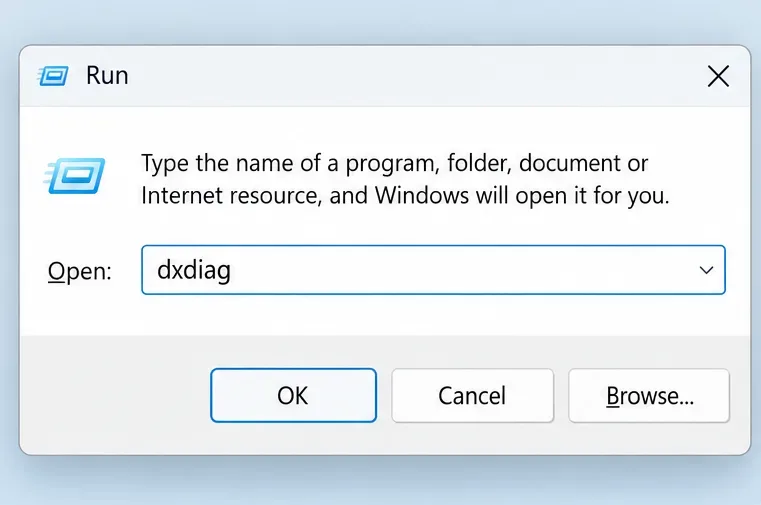 Cuadro de diálogo Ejecutar de Windows con dxdiag introducido en el campo Abrir.