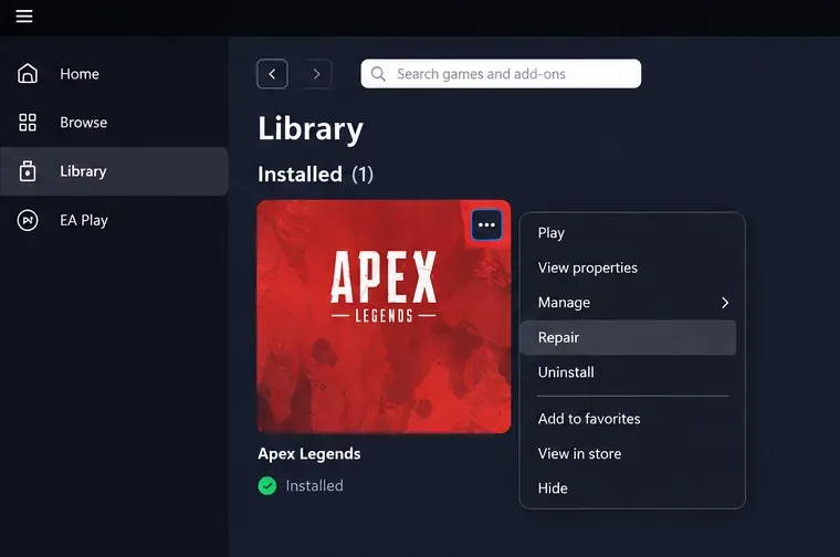 Biblioteca de la aplicación EA que muestra el menú de Apex Legends con la opción Reparar seleccionada.