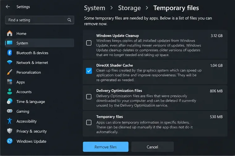 Página de archivos temporales de Windows 11 con la caché de sombreado de DirectX seleccionada para su eliminación.