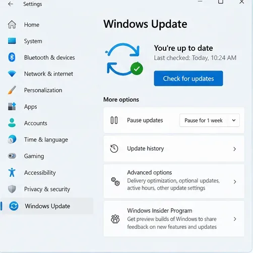 Windows 11 Settings window with Windows Update and Check for updates control