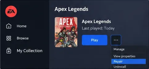 EA app game tile with the game management dropdown and Repair action