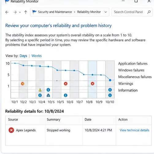 Windows Reliability Monitor showing an Apex Legends application failure in the history chart