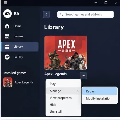 EA app Library screen with Apex Legends game menu open and Repair option visible