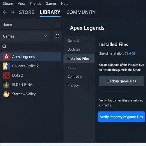 Steam Apex Legends properties showing Installed Files and Verify integrity of game files