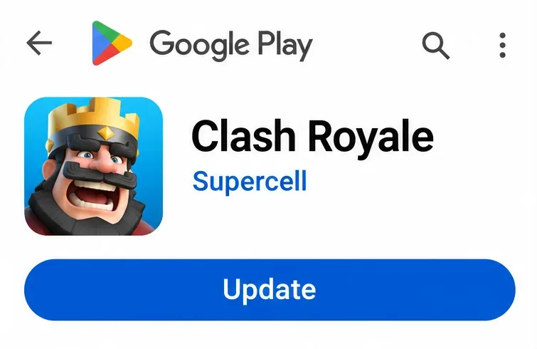 Google Play listing for Clash Royale by Supercell with an Update button
