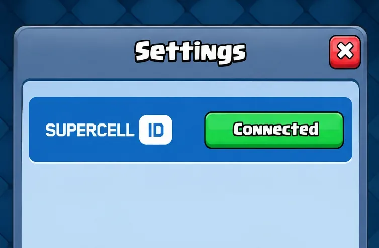 Clash Royale Settings panel with a green Connected button under Supercell ID