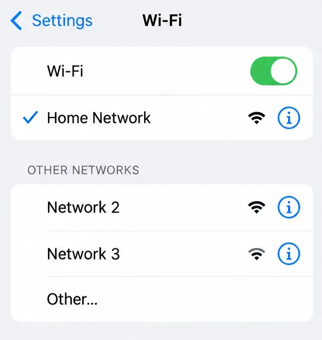 iPhone Wi-Fi settings with Wi-Fi enabled and Home Network selected with a blue checkmark
