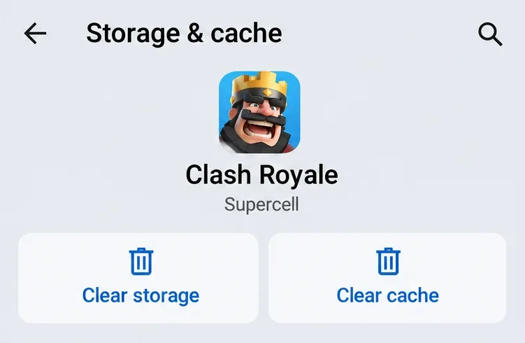 Android Clash Royale Storage and cache screen with separate Clear storage and Clear cache buttons