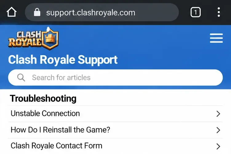 Clash Royale support portal with Troubleshooting links including Unstable Connection and Clash Royale Contact Form