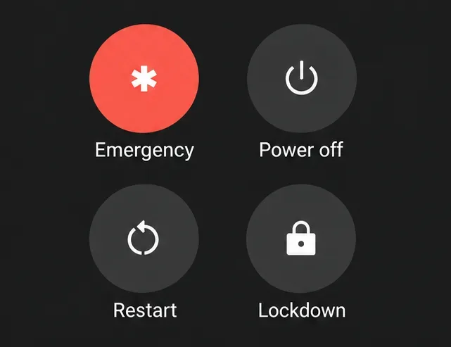 Android power menu with Restart visible alongside Power off, Emergency, and Lockdown