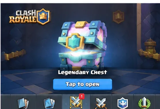 Pantalla de apertura de cofres al estilo Clash Royale con un botón "Tocar para abrir".