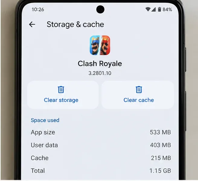 Pantalla de almacenamiento y caché de Android para Clash Royale que muestra Borrar caché y Borrar almacenamiento.