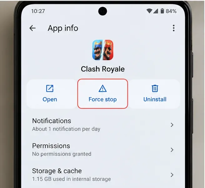 Pantalla de información de la aplicación Android para Clash Royale con la opción de forzar parada resaltada.