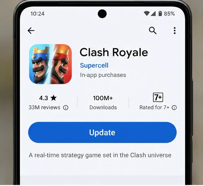 Pantalla estilo Play Store de Android para Clash Royale con un botón de actualización.