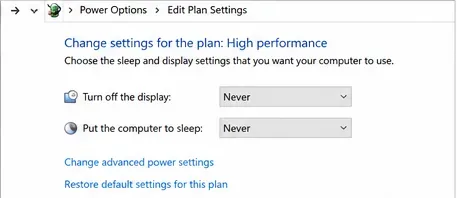 Windows Power Options Edit Plan Settings window for a High performance power plan