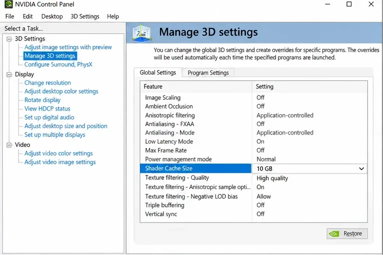 NVIDIA Control Panel Manage 3D Settings page with Shader Cache Size highlighted