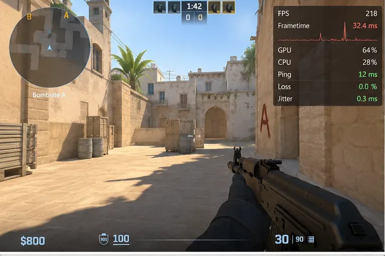 Counter-Strike 2 gameplay view with an on-screen performance panel showing FPS, frame time, GPU load, CPU load, ping, loss, and jitter