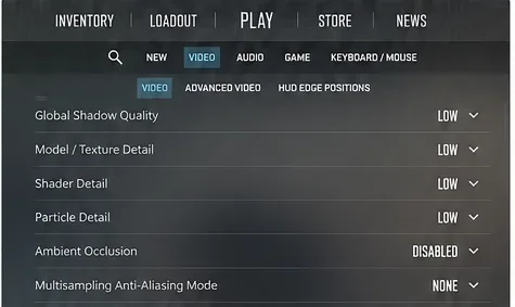 Counter-Strike 2 video settings screen with lower shadow, texture, shader, particle, ambient occlusion, and anti-aliasing settings
