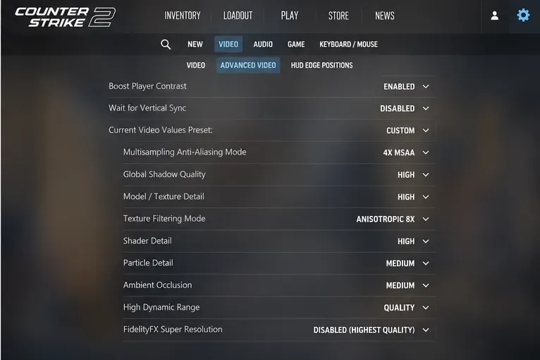 Counter-Strike 2 Advanced Video settings screen showing anti-aliasing, shadows, texture detail, shader detail, particles, ambient occlusion, HDR, and FidelityFX Super Resolution options